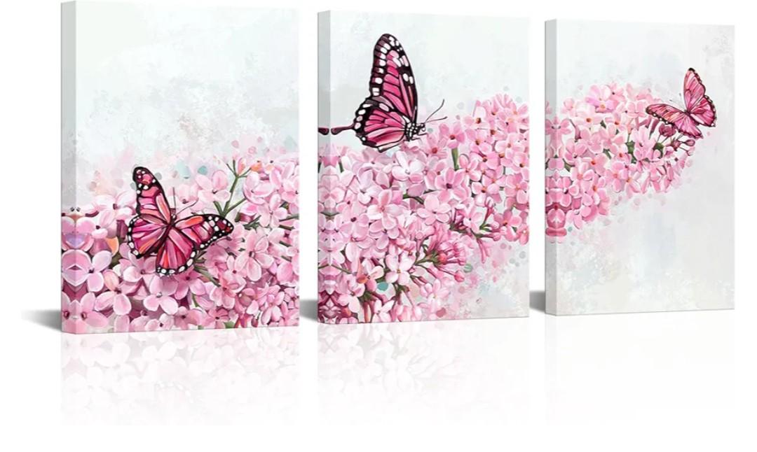 HOMEOART Butterfly and Flower Canvas Wall Art Floral Picture Bathroom Wall Decor Bedroom Art Farmhouse Kitchen Wall Decor, 12x16 inch x 3Pieces Framed (Pink)