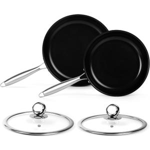 Stainless Steel Frying Pan Set, Titanium Ceramic 10 and 12 Non Stick Frying Pan Skillet Set with Lids, No Toxic Nonstick Egg Omelet Cooking Pan Set, Induction Compatible, PFAS&PTFE Free