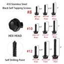 Black Self Tapping TEK Screws Assortment,410 Stainless Steel #8#10#12 Hex Head Self Drilling Screws for Metal
