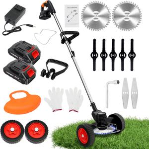 ALSO GO 21V Electric Weed Eater with Wheels,Cordless Battery Weed Wacker with Charger, 3 in 1 Brush Cutter/String Trimmer/Grass Trimmer/Lawn Mower,Edger for Garden and Yard Lawn,2 Batteries Include (Black)