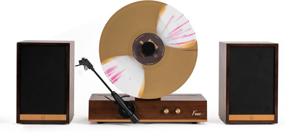 Fuse GLD Vertical Vinyl Record Player with Speakers | Gold Trim | 5.3 Bluetooth, AUX | Full Range External Speakers | Premium Cartridge | Vintage Mid Century Modern | Handcrafted Ashtree Wood