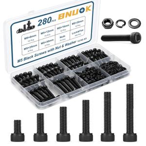 280 PCS M5 Screws Assortment Kit, 12.9 Grade Alloy Steel M5 Bolts Kit, M5x 8/12/16/20/25/30mm, Hex Socket Head Cap Screws Bolts Nuts Washers Set (Black)