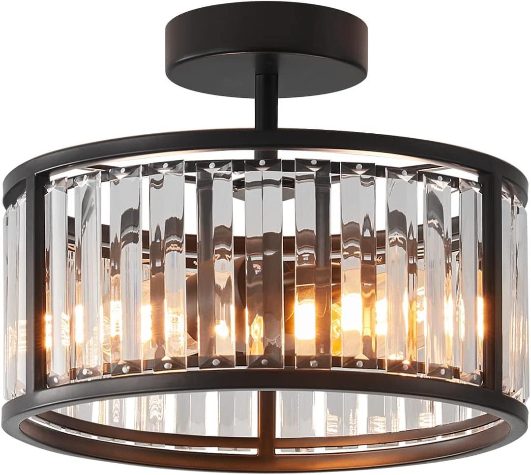 Black Flush Mount Ceiling Light, 2- Light Caged Crystal Chandelier, Small Drum Hallway Light fixtures Ceiling Mount (Black)