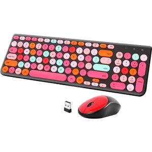 Wireless Keyboard and Mouse Combo, Retro Typewriter Keyboard with Round Keycaps, 2.4GHz USB Cute Wireless Keyboard Mouse for Computer, Desktop, Laptop and Computer (BlackColorful)