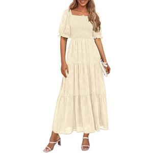 PRETTYGARDEN Women's 2025 Summer Casual Midi Dresses Square Neck Short Sleeve Smocked A Line Floral Flowy Elegant Boho Dress (Beige, X-Large)