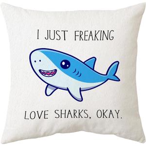Sidhua Farmhouse Sharks Ocean Animals Themed Pillowcase Decorations for Home, I Just Freaking Love Sharks Okay Shark Throw Pillow Cover 18x18, Love Gifts, Shark Lover Gifts