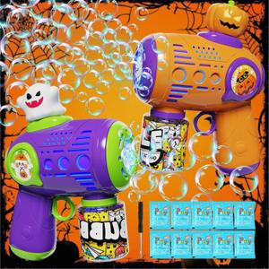 2 Pack Halloween Bubble Guns for Kids- Pumpkin & Ghost Bubble Machine with LED Lights, No-Leak Design - Halloween Toys & Gifts for Toddlers, Kids - with 10 Bubble Concentrates