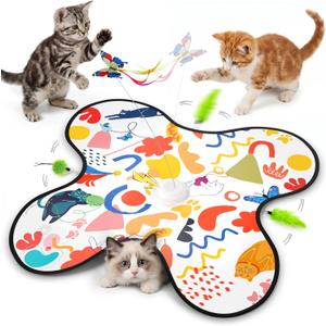 Interactive Cat Toys for Indoor CatsRechargeable Automatic Hide and Seek Kittens Toy with Moving Wand Feathers,Fluttering Butterfly,Real Mouse Squeaky,Motion Activated for Exercise & Bored Adult Cats