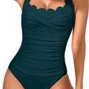 Eomenie Women One Piece Tummy Control Swimsuit Halter Scallop Trim Bathing Suits 1 Piece Vintage Ruched Slimming Swimwear (Teal, S)