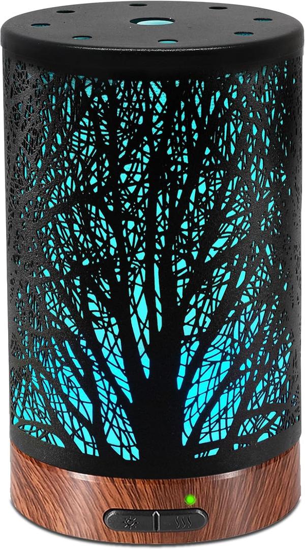 Essential Oil Diffuser - 150ML Metal Aromatherapy Diffuser for Essential Oils with 7 Colors Lights Gifts for Mom Auto Shut-Off & Ultrasonic Cool Mist Diffuser, Ambience for Home (Tree)