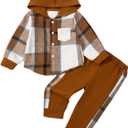 Toddler Baby Boy Clothes Long Sleeve Hoodie Plaid Flannel Shirt and Pants Set Fall Winter Outfits (Brown)