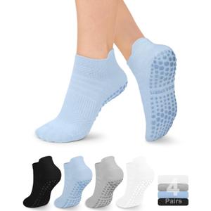 YeuG 4 Pairs Pilates Socks for Women - Non Slip Grip Socks for Yoga, Barre, Hospital, Barefoot (Small-Medium, D01-black/Blue/Light Grey/White)