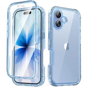Lifedance Full-Body Rugged Case for iPhone 16 with Built-in Screen Protector, 10FT Military Drop Tested & Shockproof, Clear Protective Phone Case Cover, Clear Blue