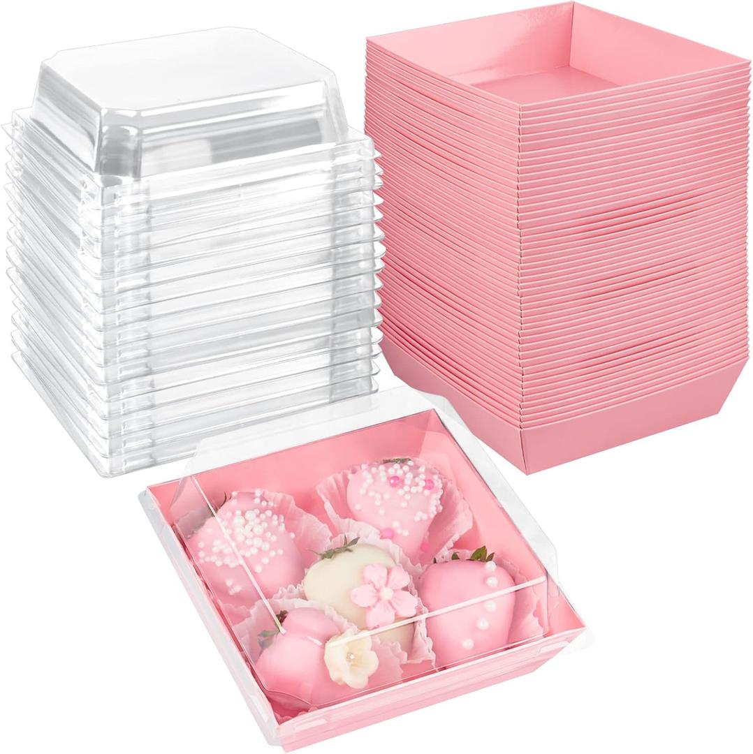 Ocmoiy Pink Charcuterie Boxes with Clear Lids 4x4 Inch, 100 Pack Square Kraft Bakery Cake Slice Boxes with Window, Dessert To Go Containers (100)