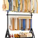 Heavy Duty Clothes Rack for Hanging Clothes, Double Rods Clothing Rack with Lockable Wheels, Rolling Metal Garment Racks Heavy Duty, Portable Wardrobe Closet Racks, Black