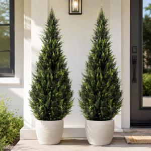 Artificial Cedar Topiary Trees, 5 FT UV Resistant Faux Boxwood Plants,Front Porch Decorations Outdoor,Realistic Evergreen Cypress for Patio Decor Set of 2