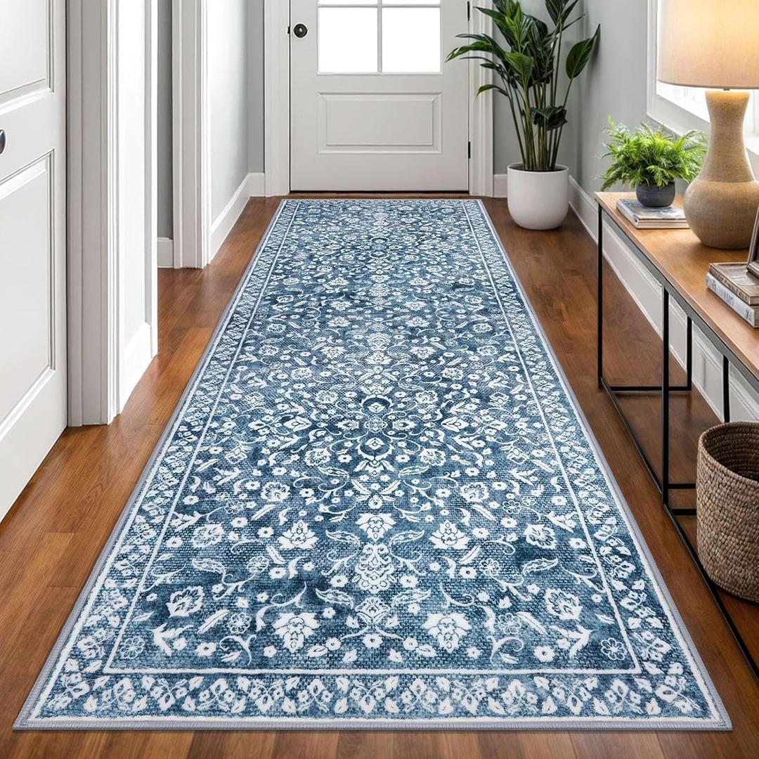 Vintage 3x8 Hallway Rug, Blue and White Washable Hallway Runner Rug Non Slip, Super Soft Kitchen Runner Rug, Print Faux Wool Floral Thin Carpet Runner for Entryway Indoor Bedside Runner