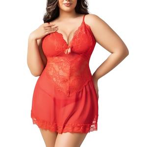 Moiie Plus Size Lingerie for Women Lace Chemise Sexy Mesh Chemise Teddy Babydoll Lingerie Exotic V Neck Sleepwear Red XL