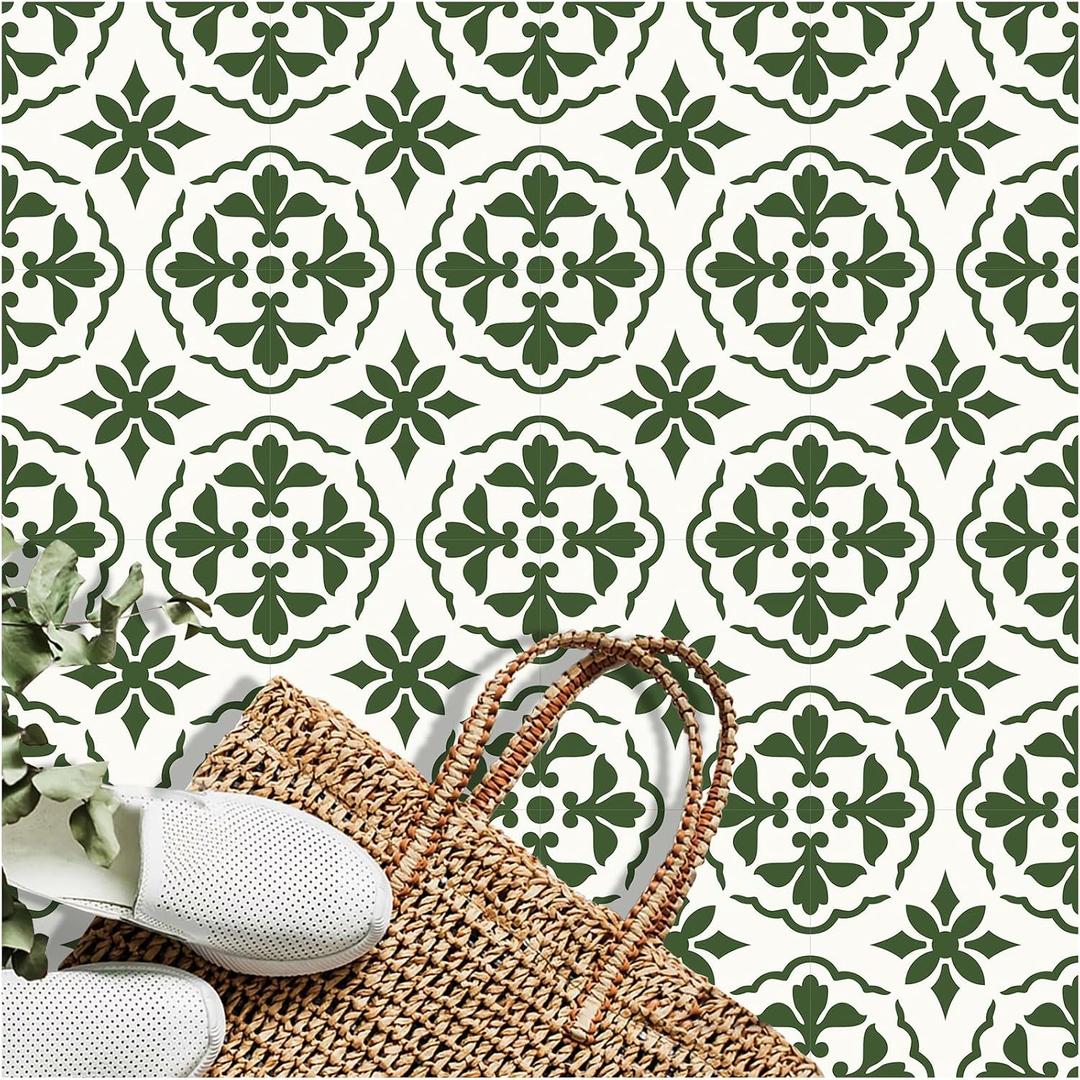 MORCART 7.87" x 7.87" Peel and Stick Floor Tile, 20 PCS Self-Adhesive DIY Vinyl Flooring, Removable and Waterproof Tile Sticker for Bathroom, Kitchen, Wall, Bedroom, Stairs (Green Retro Design)