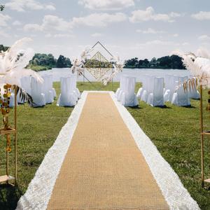 Preboun 3ft x 30 ft Wedding Aisle Runner Outdoor Natural Burlap Aisle Runner for Wedding Ceremony Wide Rustic Jute Carpet Rug with Lace Outdoor Beach Ceremony Decorations for Garden Lawn Church