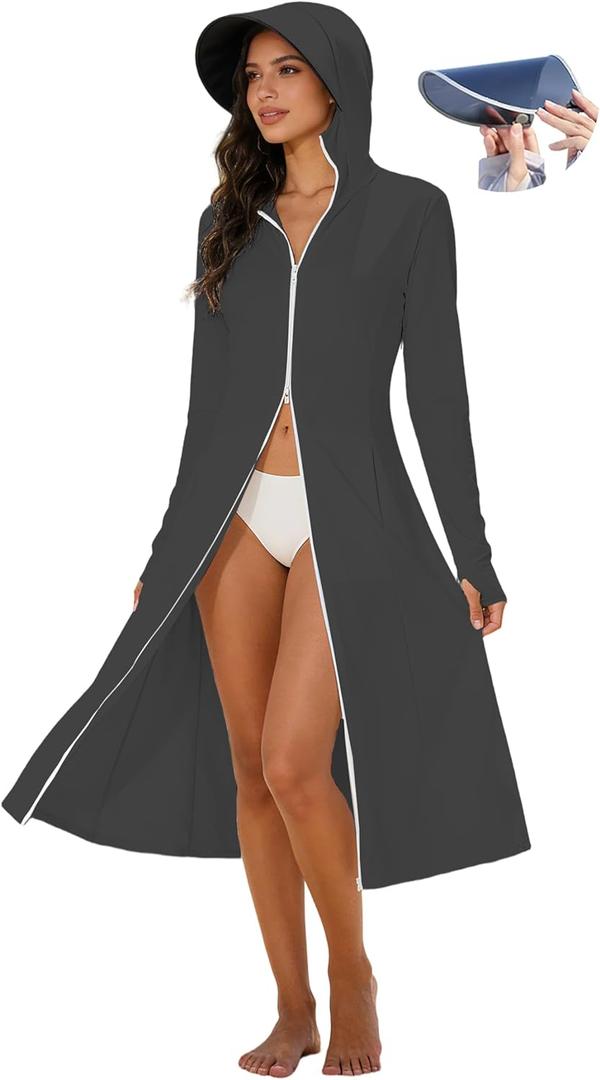Cromoncent Women's UPF 50+ Swimsuit Cover Up Lightweight SPF Long Sleeve Sun Protection Long Sun Hoodie Dress (Medium, Dark Gray-Removable Lens) Medium