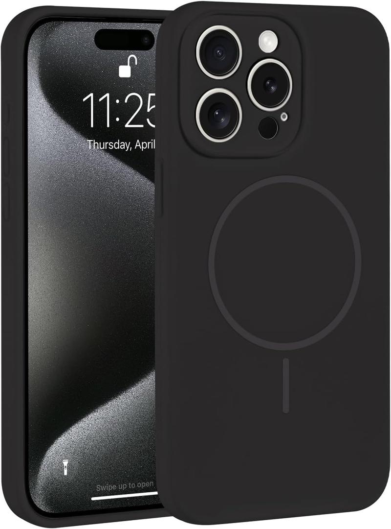 ZhyzRhsm Magnetic for iPhone 15 Pro Case Compatible with Magsafe Full Lens Protection, Silicone Cover Inner Lining Shockproof Phone Case for iPhone 15 Pro Black