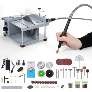 Mini Multi Functional Table Saw,150W Portable Table Saw Craft,Speed,Angle,Height Adjustable,Cutting Sanding Engraving Drilling All-in-One,for Wood, Plastic Acrylic Cutting (105pcs)