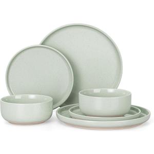 HaWare Stoneware Dinnerware Sets, 6-Piece Plates and Bowls Set for 2, Dishes Set for Home Restaurant, Speckled Asparagus Green