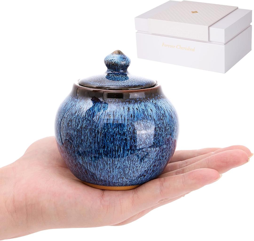 Small Keepsake Urn with Memorial Box - Unique Handcrafted Blue Glaze Ceramic Urn for Human or Pet Ashes, Elegant Cremation Urn for Home Memorial, Sharing & Sympathy Gift