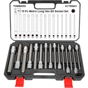 TOMMARS 15-PC Metric Long Hex Bit Socket Set, Extra Long Socket Set S2 Alloy Steel 3/8", 1/2" Drive, H2 - H19.