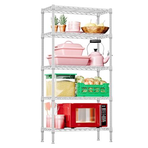 IZEUK 5 Tier White Metal Storage Shelves, Heavy Duty Wire Shelving Rack for Garage, Kitchen, Bathroom, Laundry, or Closet Organization, 1250 lbs Capacity, 11.8" D x 29.5" W x 59.5" H
