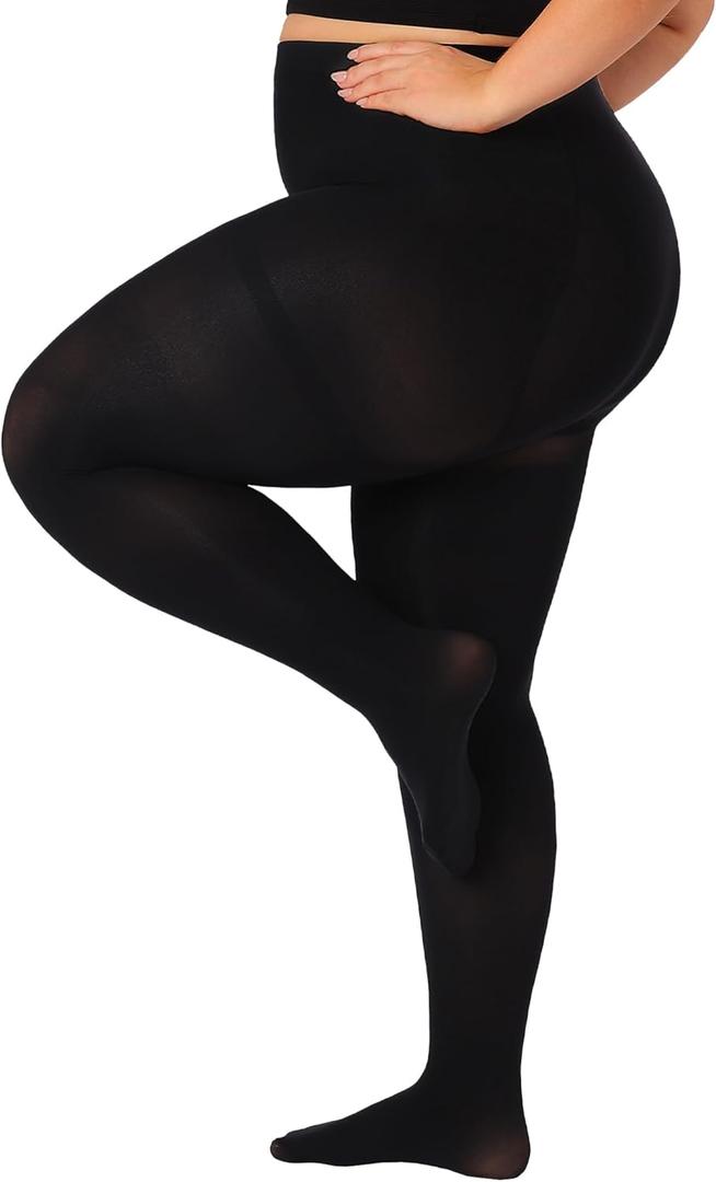 Plus Size Opaque Tights for Women 240D Soft Solid Color Footed High Waist Control Top Pantyhose (X-Large-XX-Large, Black)