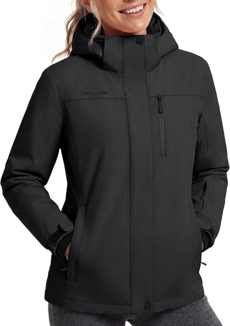 FREE SOLDIER Women's Waterproof Ski Snow Jacket Fleece Lined Warm Winter Rain Jacket with Hood Fully Taped Seams (Large, Black)