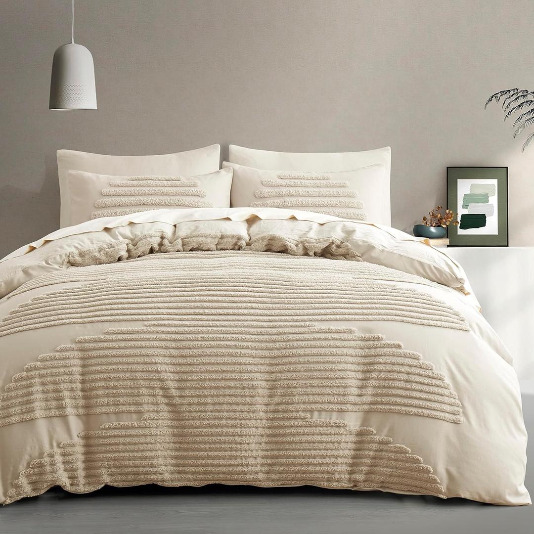 BEDAZZLED Queen Size Duvet Cover, 5 Pieces Beige Textured Duvet Cover Sets, Soft and Breathable Boho Tufted Bedding Comforter Cover Set for Gifts, Comforter Not Included (Beige, Queen)