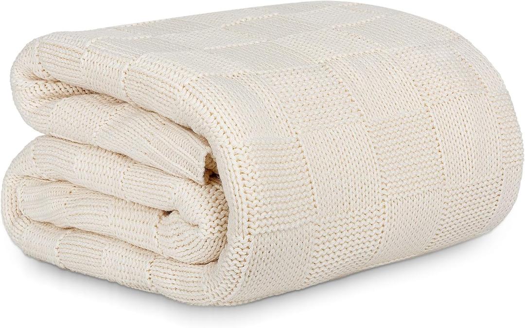 MACEVIA Beige Checkered Throw Blanket Super Soft Cozy Fuzzy, Knitted Throw Blanket 50" x 60" for Couch Beige Blanket for Bed Sofa Chair Camping Travel (Beige) (Throw(50"x 60"))