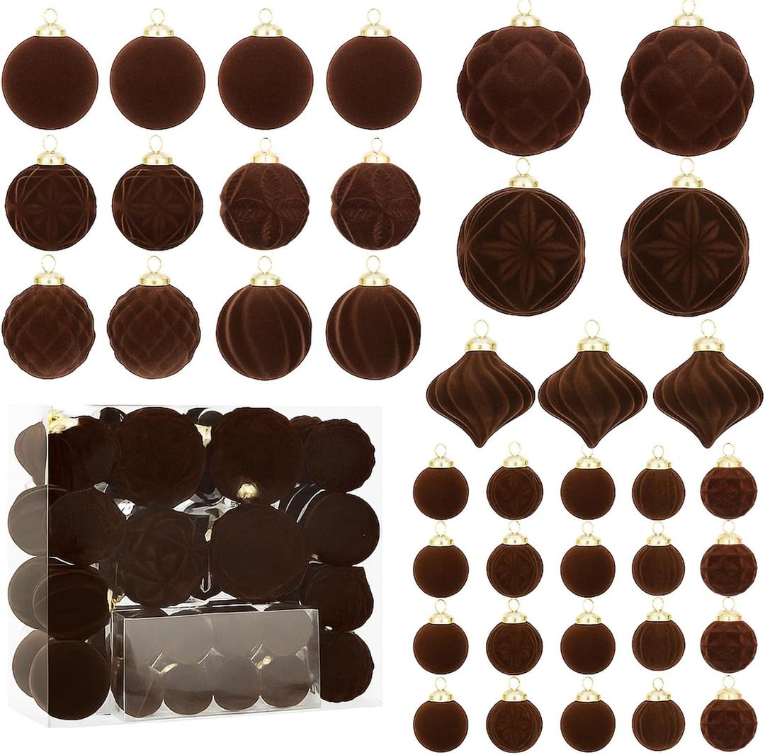 46PCS Velvet Christmas Ball Ornaments Set, Flocked Shatterproof Xmas Tree Decor, Assorted Hanging Ornaments with Loop for Holiday Home Decor, Christmas Tree Decoration (Brown)