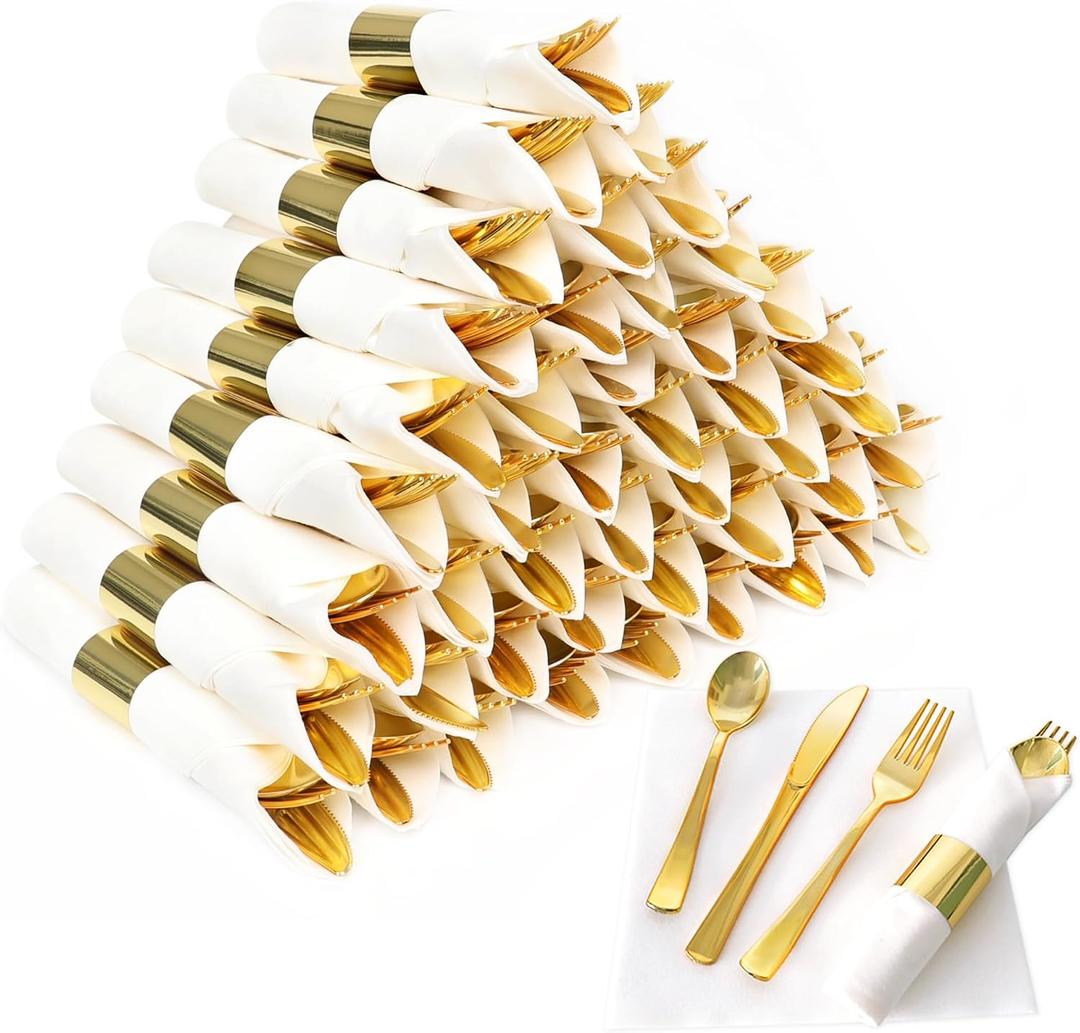 50 Pack Pre Rolled Gold Plastic Silverware Set, Wrapped Plastic Cutlery Set with Napkin Include 50 Forks, 50 Spoons,50 Knives and 50 White Napkins for Party, Wedding, Christmas