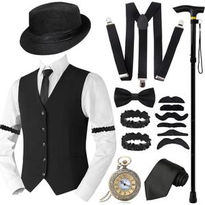 1920s Mens Gatsby Gangster Costume Accessories Set for Adult, Roaring Retro 20s Costume Outfit with Vest Fedora Hat Crutch (XX-Large)