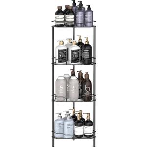 HuggieGems 4 Tier Floor Standing Corner Shower Caddy Organizer Shelf with Hooks, Bathroom Shelves Stand Rack, Matt Black