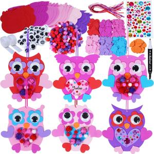 Winlyn 24 Sets Valentine Decorations DIY Heart Owl Ornaments Valentine Craft Kit Valentine Owl Art Sets Hearts Foam Valentine Stickers for Kids Valentine's Day Party Classroom Activities Gift Exchange