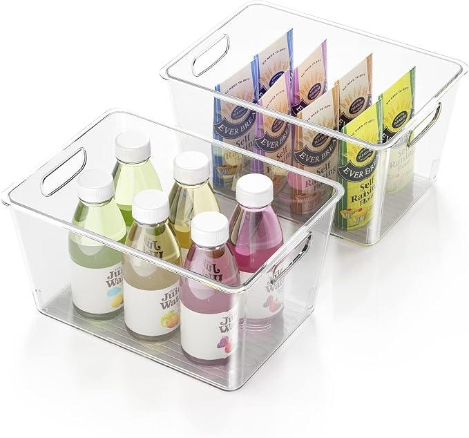 Plastic Storage Bins Stackable, Durable Organizing Container with Handles, Pack of 2 Portable Clear Plastic Bins, BPA Free Organization Pantry Storage Bins for Kitchen, Cabinets, Freezer, Bedrooms Etc