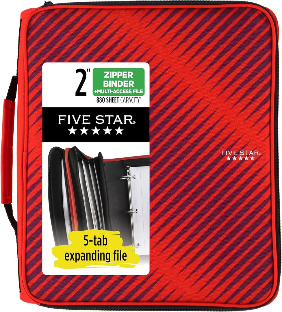 Five Star Zipper Binder, 2 Inch 3-Ring Binder with Round Rings, 5-Tab Expanding File, 380 Sheet Capacity, Fire Red (72538)