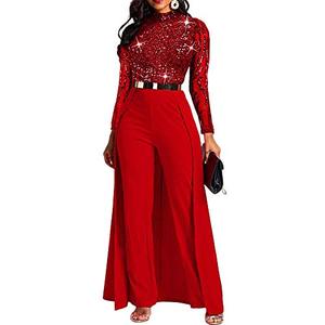 VERWIN Patchwork Overlay Embellished Plain Women's Jumpsuit High-Waist Woman Romper (Medium, Red Sequin)