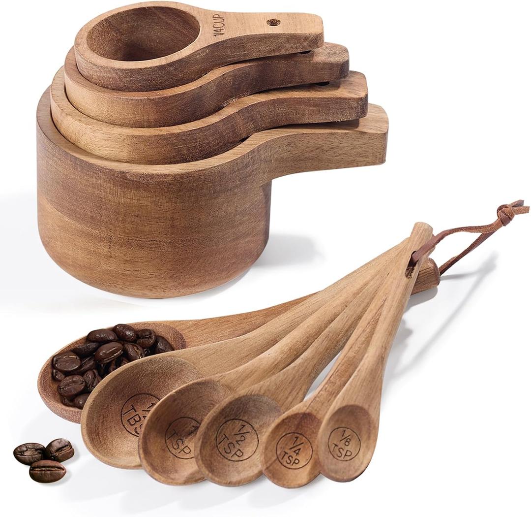 10-Piece Measuring Cups and Measuring Spoons Set, Handcrafted Acacia Wooden Measuring Cups with Tablespoon Teaspoon Measuring Spoons for Dry Ingredients, Natural Wood Rustic Kitchen Accessories