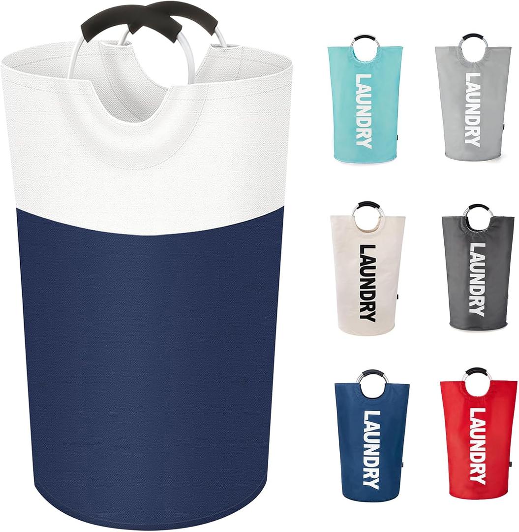 Twira 100L Large Laundry Basket, Laundry Hamper Stands Up Well, Laundry Bag with Padded Handles, Waterproof Clothes Bin Collapsible, Clothes Hamper for Bathroom, Laundry, College (Navy Blue & Beige)