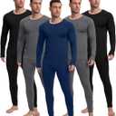 Patelai 5 Sets Men's Thermal Underwear Fleece Base Layer Set Winter Base Layer Cold Weather Top Bottom (XX-Large, Black, Grey, Dark Blue)