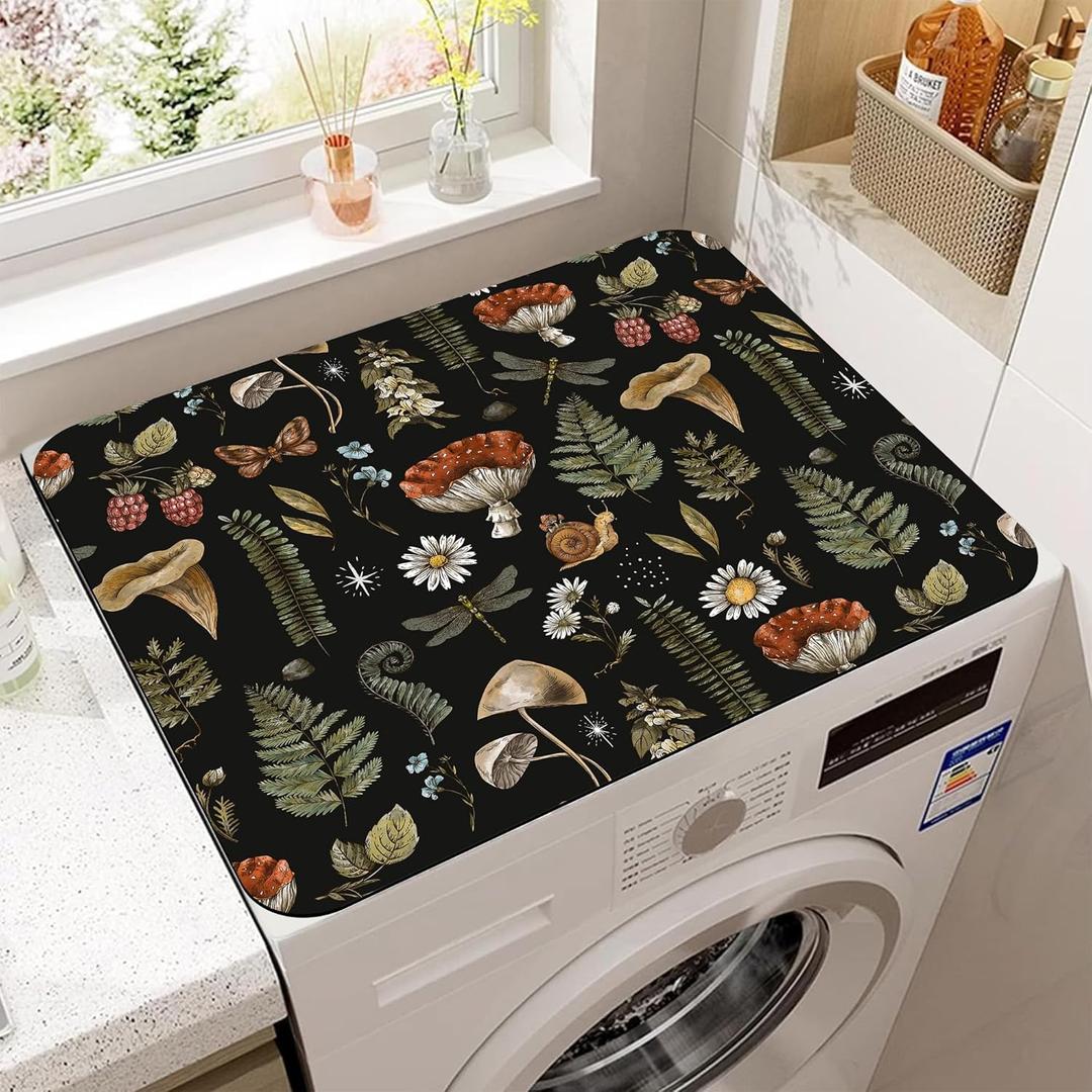 Vintage Mushrooms and Botanical Washer and Dryer Covers For The Top, Anti-slip Washing Machine Dust Cover Pad, Dryer Top Protector Mat for Laundry Room Kitchen Decor, 23.6X19.7 in