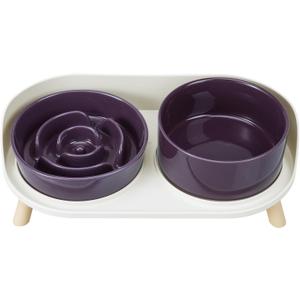 Elevated Slow Feeder Dog Bowls - Ceramic Food and Water Bowl Set with Stand - Raised Pet Dishes for Small and Medium Sized Dogs (Purple)