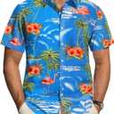 Men's Hawaiian Shirt Short Sleeve Floral Button Down Shirt Casual Summer Tropical Beach Shirts (Blue, XXL)