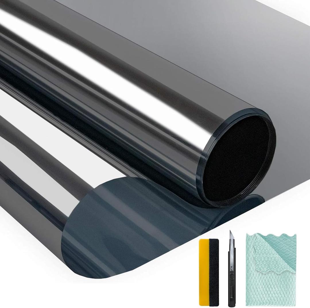 Niviy One Way Window Privacy Film with Installation Tools Window Tint for Home Effect Anti UV Heat Control Glass Door Film for Home Office (Black Silver 23.6" x 118")